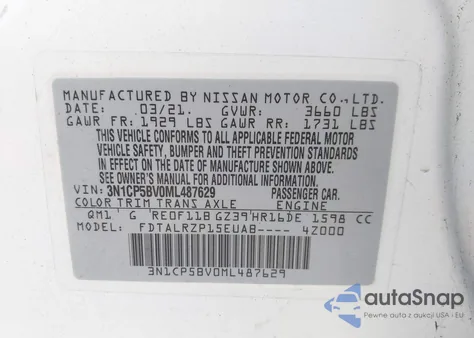 2021 Nissan Kicks S Xtronic Cvt from USA, damaged, VIN 3N1CP5BV0ML487629